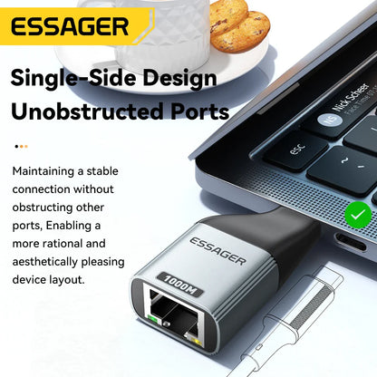 Essager Type-C to Ethernet Adapter – 100/1000Mbps Gigabit RJ45 to Type-C Adapter for MacBook, Laptop Wired Network Card
