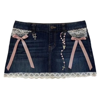 Retro Buddha Y2K Denim Shorts – High Waist Goth Hip Hop Mini Skirt with Embroidery & Pockets