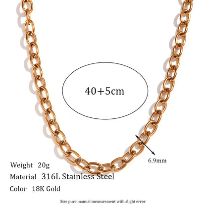 18K Gold Plated Stainless Steel Oval Link Chain Jewelry Set – 7mm Chunky Silver Color Choker Necklace, Bracelet & Anklet Accessories