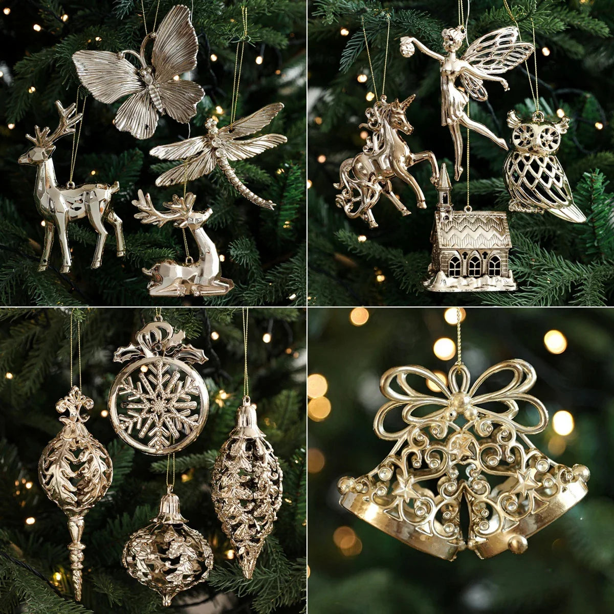 Christmas Tree Ornaments – Gold Plastic Balls with Butterfly, Dragonfly, Angel & Snowflake Decorations