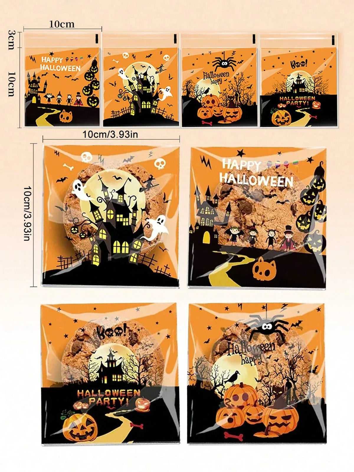 Halloween Candy Bags - Clear Self-Adhesive Treat Bags for Party Favors, Cookies & Gifts