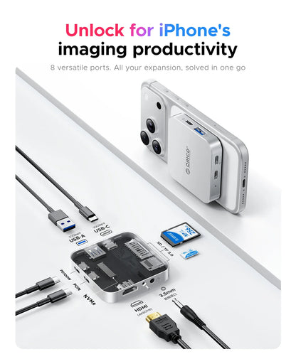 ORICO 10Gbps M.2 2230 NVMe SSD Enclosure – USB-C 4K60Hz Dock with SD/TF Reader & 100W PD Charging Station for iPhone