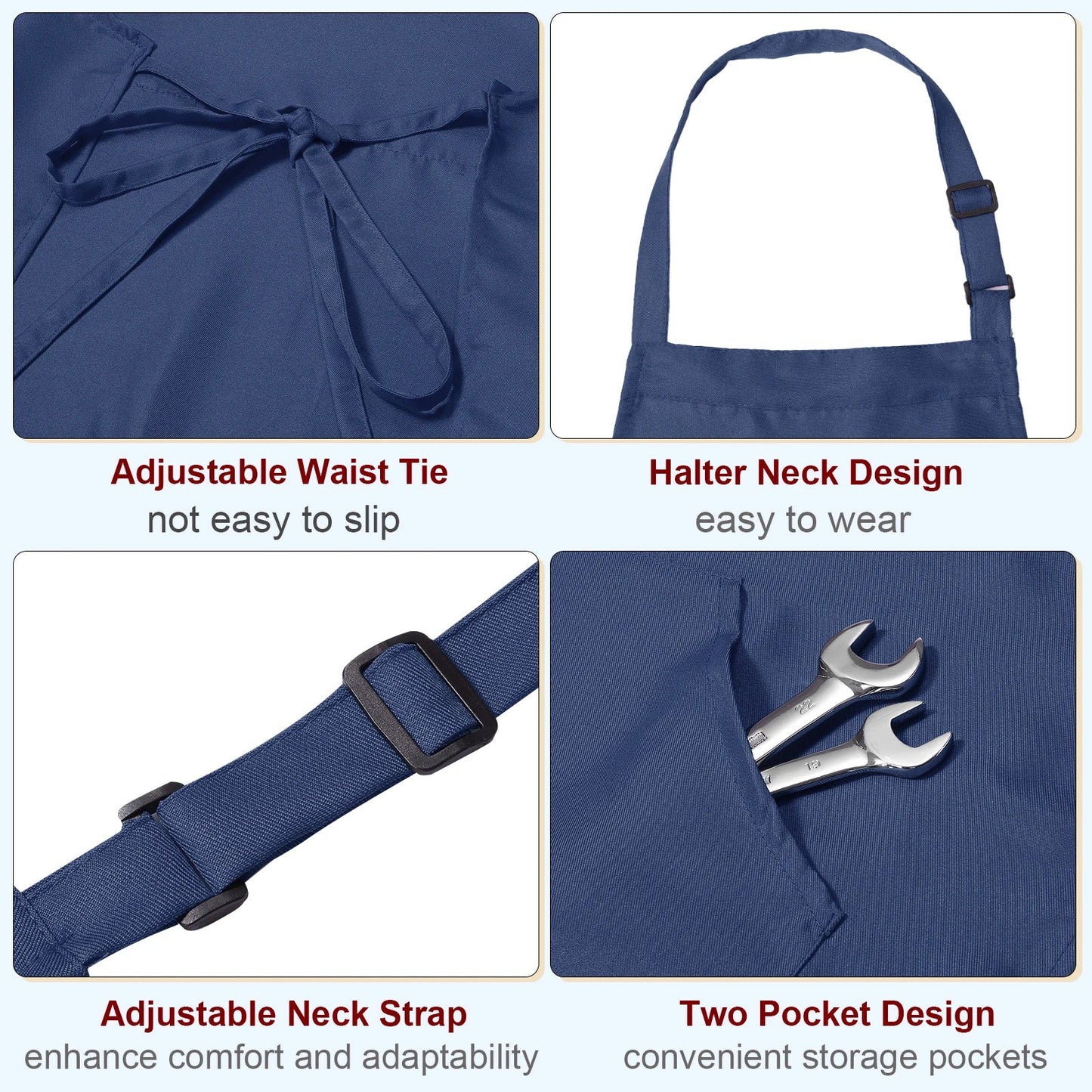 Adjustable Waterproof Kitchen Apron with 2 Pockets – 82x68cm Chef Bib for Men & Women, Navy Blue