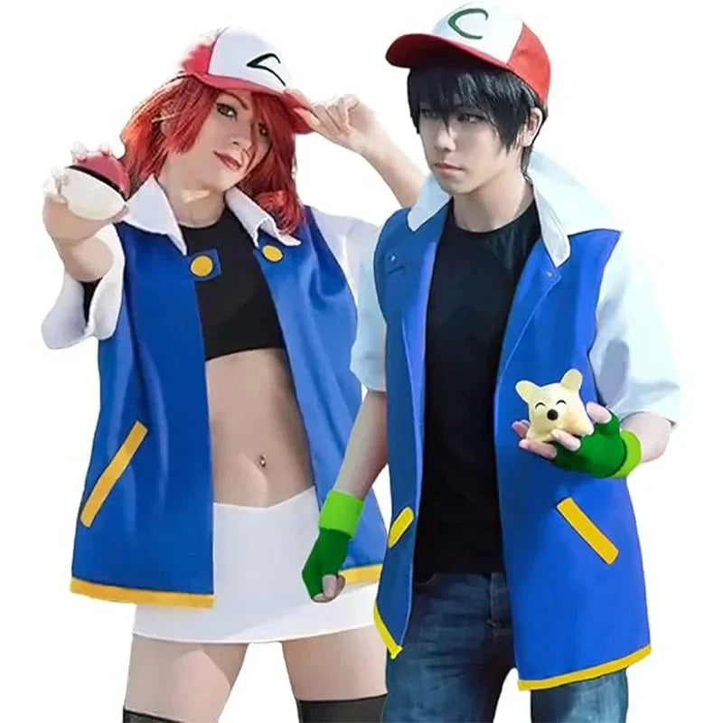 Men’s Anime Trainer Cosplay Costume — Ash Ketchum Outfit for Halloween & Parties with Blue Jacket, Cap & Gloves Set