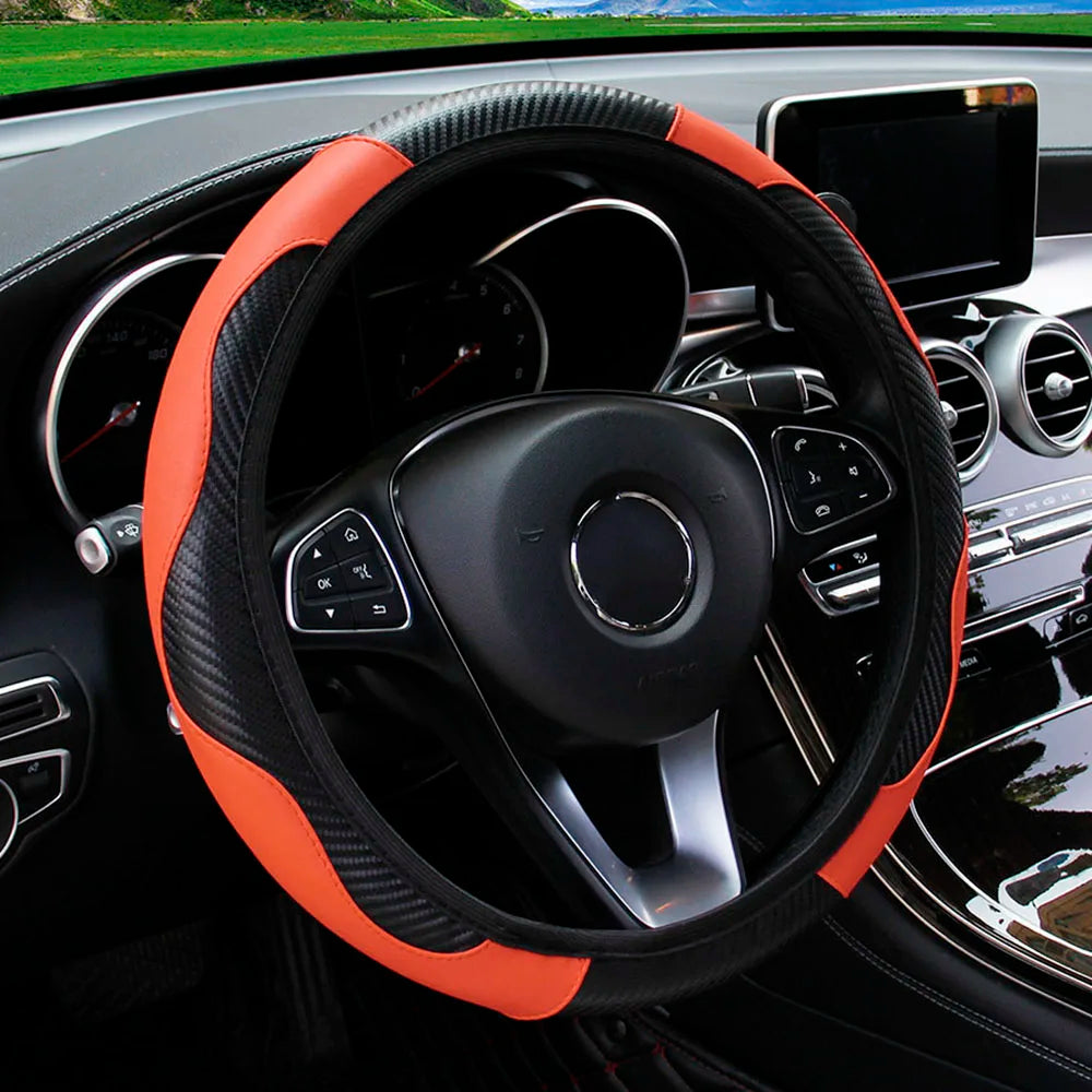 PU Carbon Fiber Leather Steering Wheel Cover — No Inner Ring, Fits 14.5-15 Inch Cars