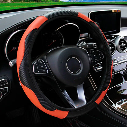 PU Carbon Fiber Leather Steering Wheel Cover — No Inner Ring, Fits 14.5-15 Inch Cars