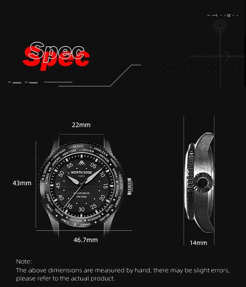 NORTH EDGE MACH 2024 Solar Powered Men's Watch – Dual Time Zone Waterproof Pilot Watch with TPR Nylon Strap