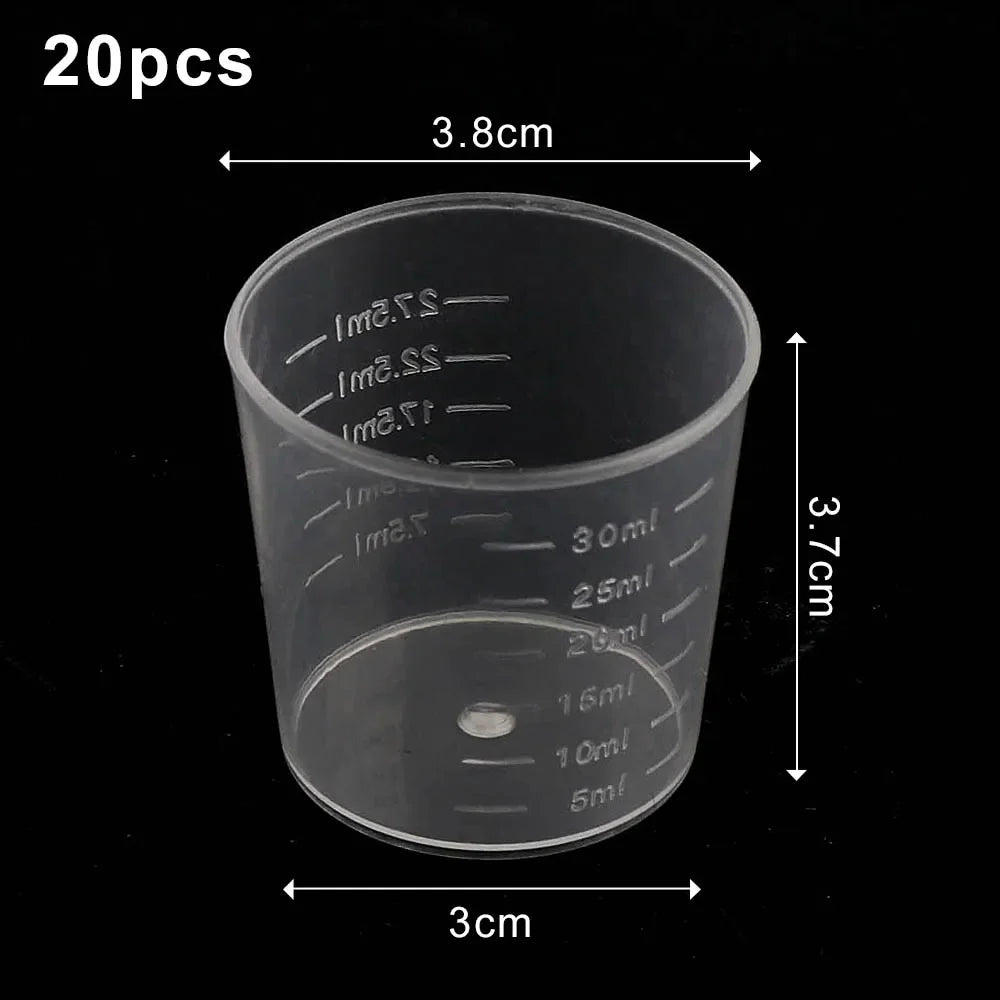 20/100PCS Transparent Plastic Measuring Cups – Disposable Liquid Containers for Epoxy Resin, Silicone Mold, DIY Jewelry Making