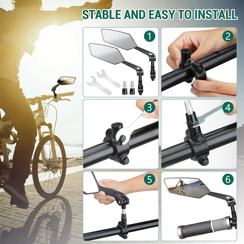 Adjustable Bicycle Rear View Mirror – Rotatable Handlebar Reflector with Wide-Angle Back Sight & Installation Tools
