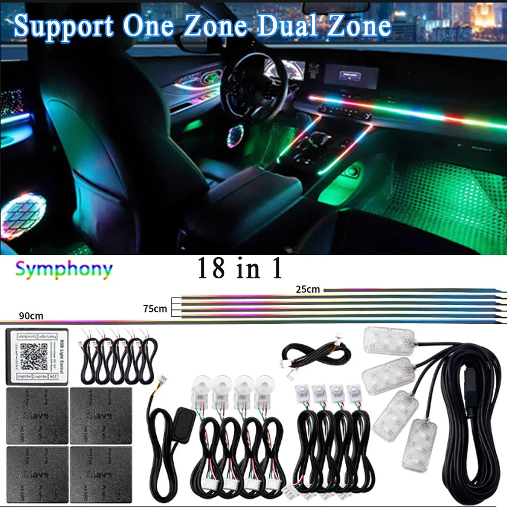14/18 in 1 RGB LED Car Ambient Light - Acrylic APP Controlled Interior Atmosphere Lamp Kit with 64/213 Colors for One & Dual Zone Lighting