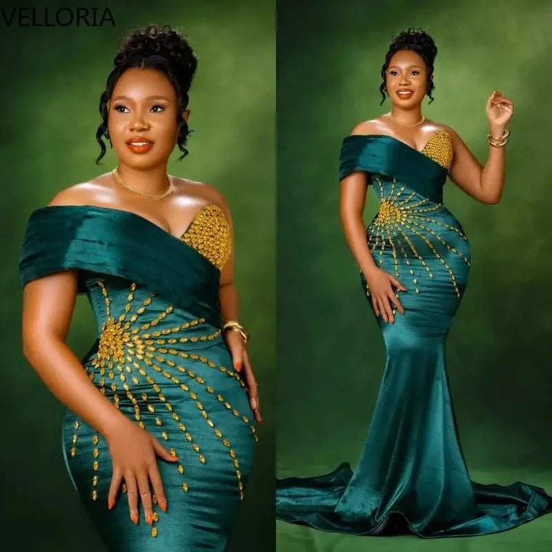 African Emerald Green Off-Shoulder Mermaid Evening Dress – Gold Beaded Bodycon Party Gown Plus Size Formal Wedding Dress