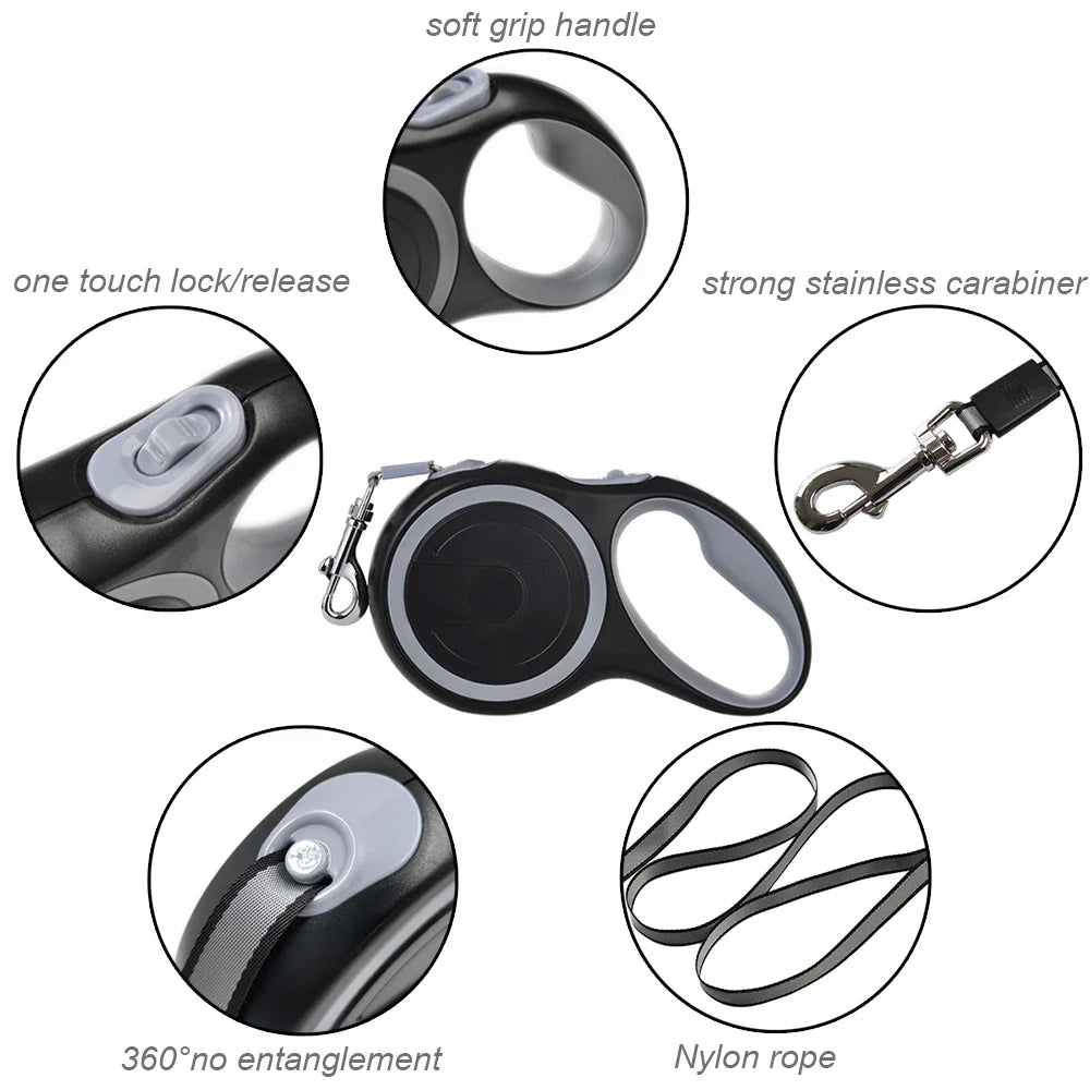 Retractable Dog Leash Roulette Collar - Adjustable Durable Walking Hiking Bulldog Rope for Small Big Dog (3m/5m/8m, 50kg)
