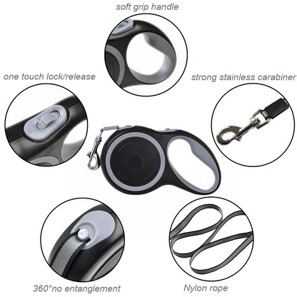 Retractable Dog Leash Roulette Collar - Adjustable Durable Walking Hiking Bulldog Rope for Small Big Dog (3m/5m/8m, 50kg)