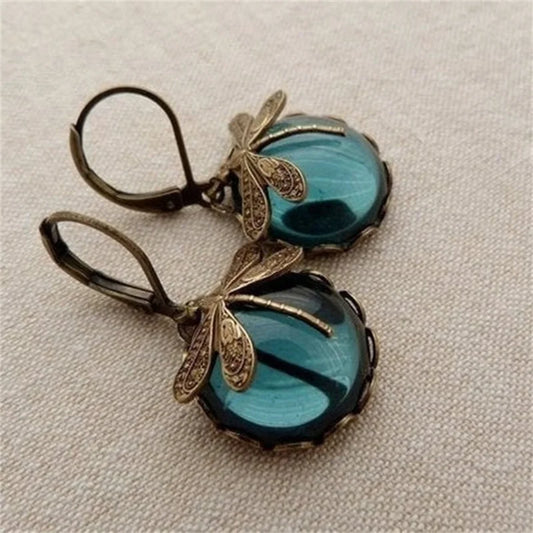 Vintage Bronze Dragonfly Earrings – Gold-Tone Metal with Inlaid Moonstone Drop Jewelry for Women