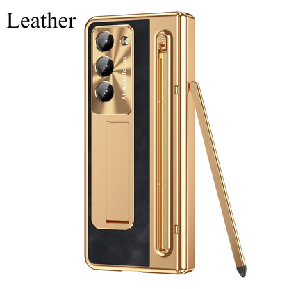 Slim Leather Case with Touch Pen for Samsung Galaxy Z Fold 6/5/W25/4/3 – Plated Hinge & Full Screen Protector Cover