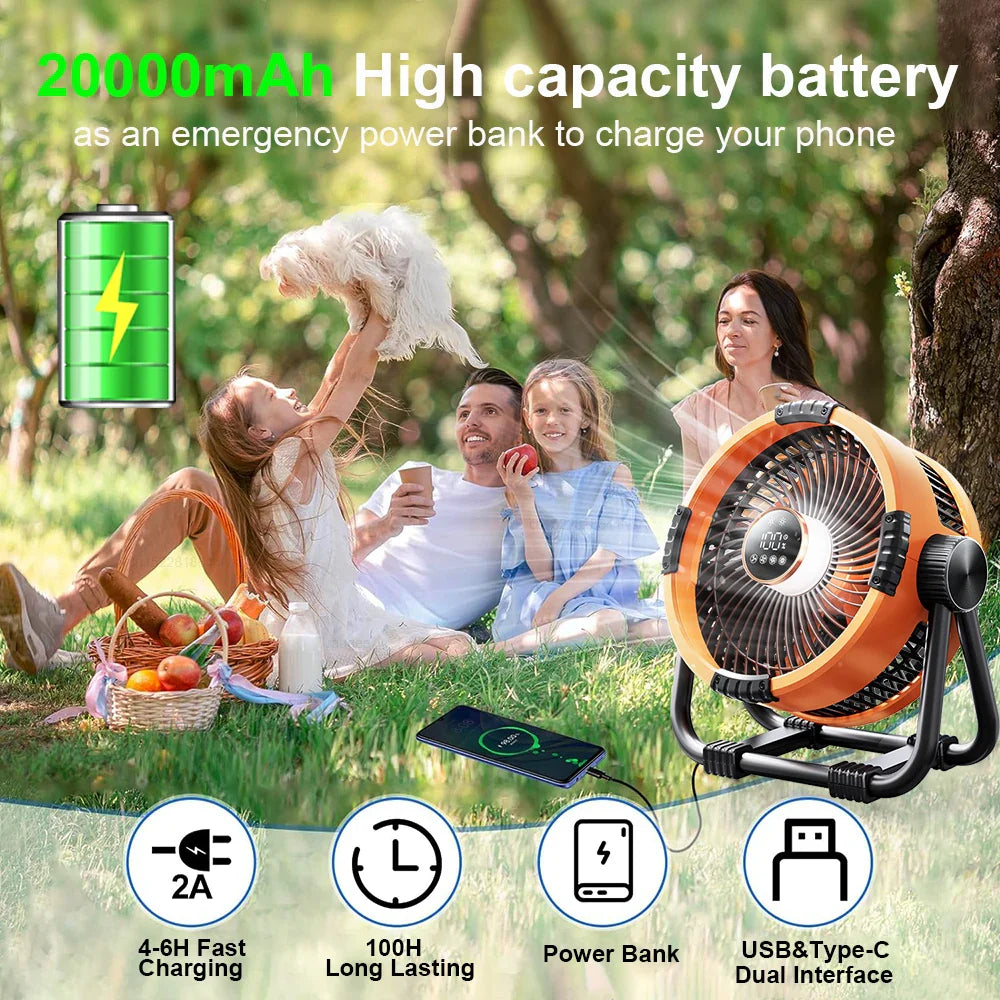 Camping Fan 20000mAh – Rechargeable Portable Outdoor Tent Fan with Air Circulator, Wireless Ceiling Fan, Hook, and Light