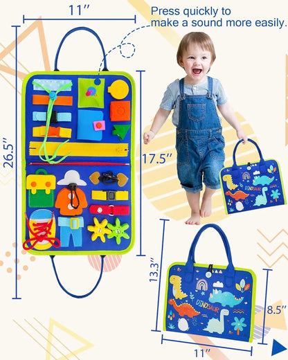 Montessori Toddler Busy Board – Dinosaur Dress-Up Sensory Toy for Learning Life Skills & Travel Backpack