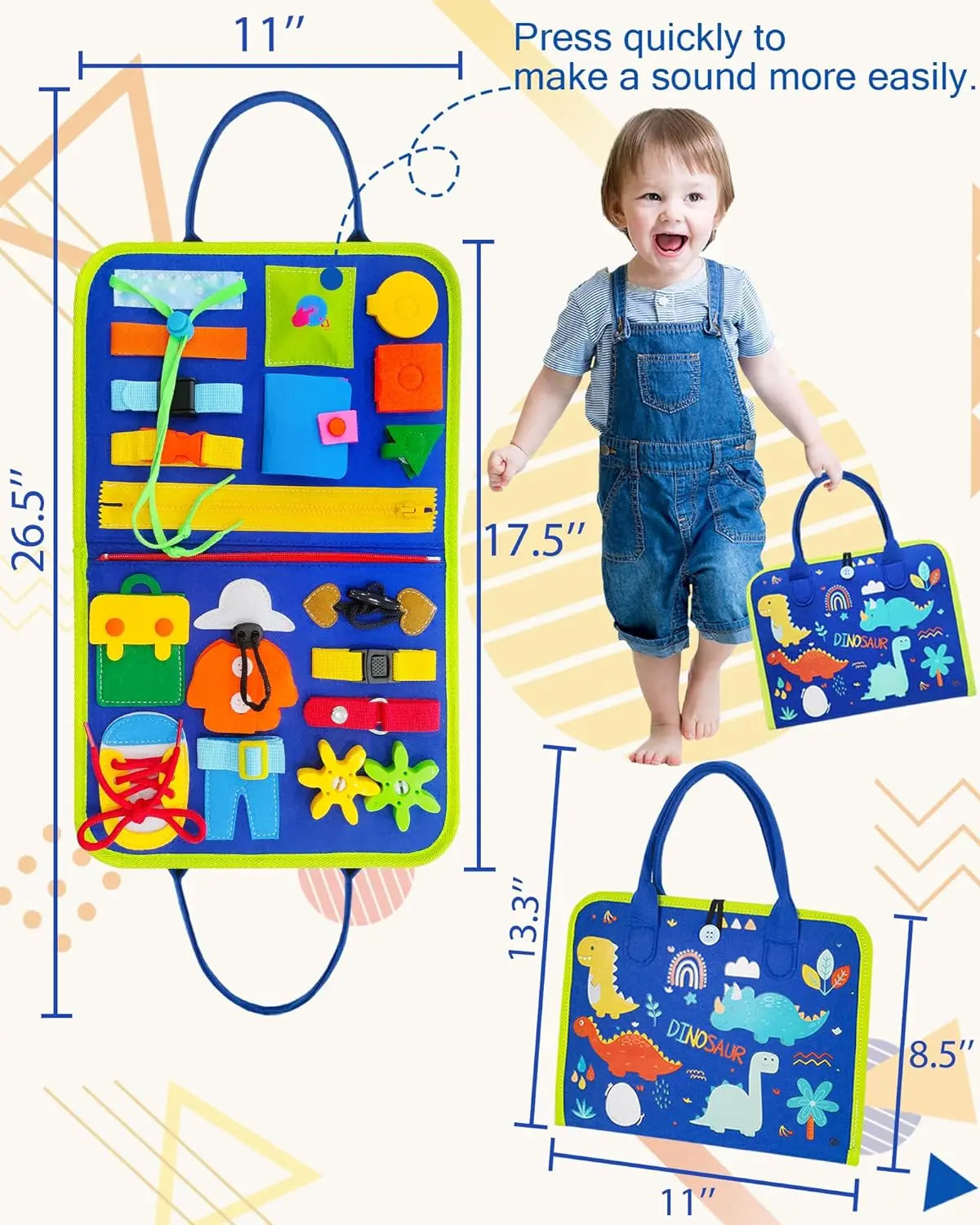 Toddler Montessori Busy Board – Dinosaur Dress-Up, Learning & Sensory Activities, Travel Toy & Life Skills Backpack