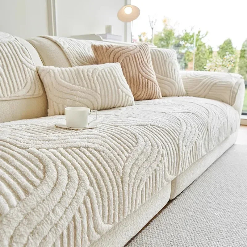 Wave Striped Plush Sofa Cover – Thick Non-Slip Couch Slipcover & Sofa Mat for Living Room, Solid Color Protective Towel