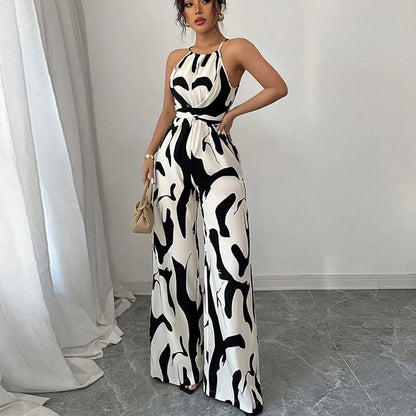 Summer Geometric Print Halter Neck Women’s Jumpsuit – Sexy Casual Party Romper Outfit for Women