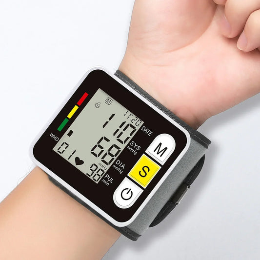 Portable Digital Wrist Blood Pressure Monitor – LCD Screen Sphygmomanometer with Heart Rate & Pulse Measurement