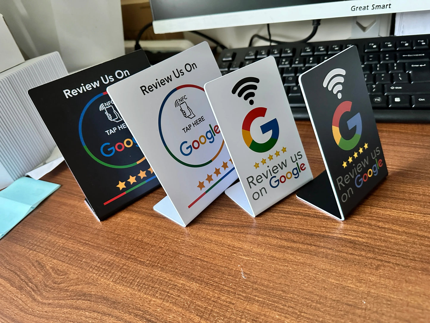 NFC215 Programmable Google Review Acrylic Stickers – 13.56MHz Waterproof NFC Station Table Stand Card