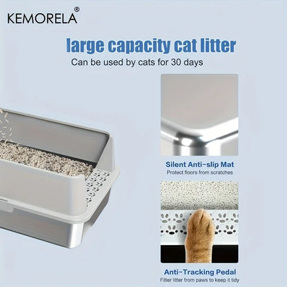 Super Large XL Stainless Steel Cat Litter Box with Lid – High Side Closed Design for Large & Small Cats, Includes Scoop