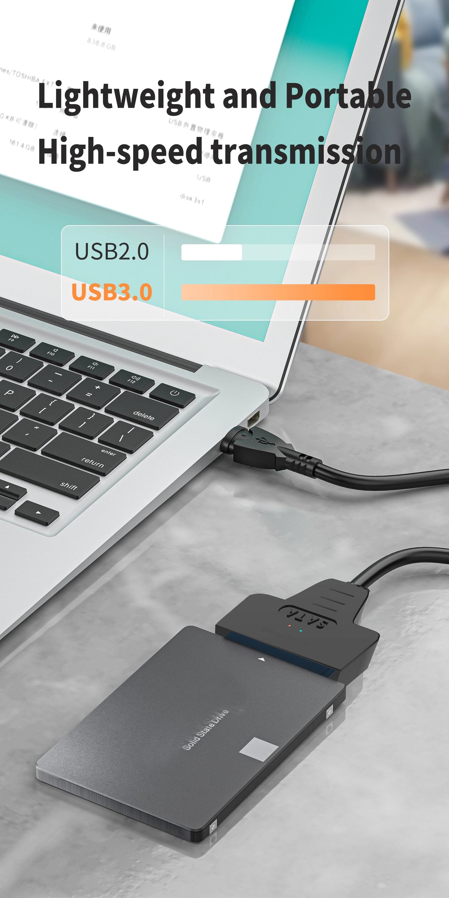USB 3.1/2.0 SATA to USB Cable – USB 3.0 to SATA III Hard Disk Adapter, Compatible with 2.5-inch HDD and SSD, UASP Support