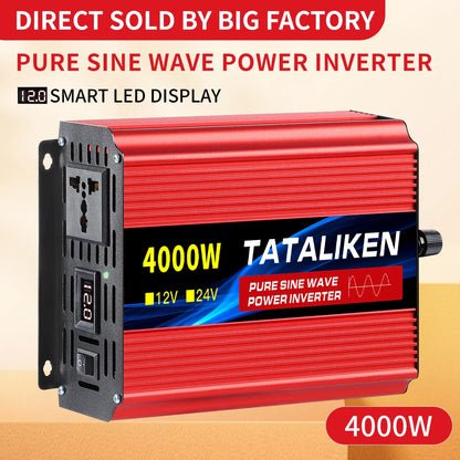 Pure Sine Wave Power Inverter 1000W–4000W – DC 12V/24V to AC 220V 50Hz Converter with Universal Socket Charger Adapter