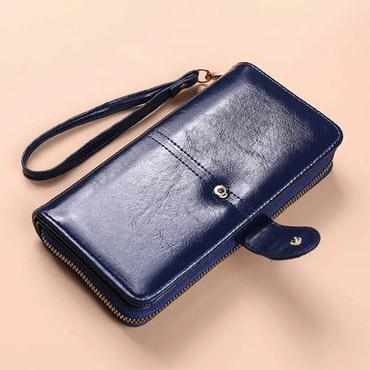 Women’s Vintage PU Leather Clutch Wallet — Large Capacity Phone Purse with Wristband, Simple Card Holder Pouch Bag