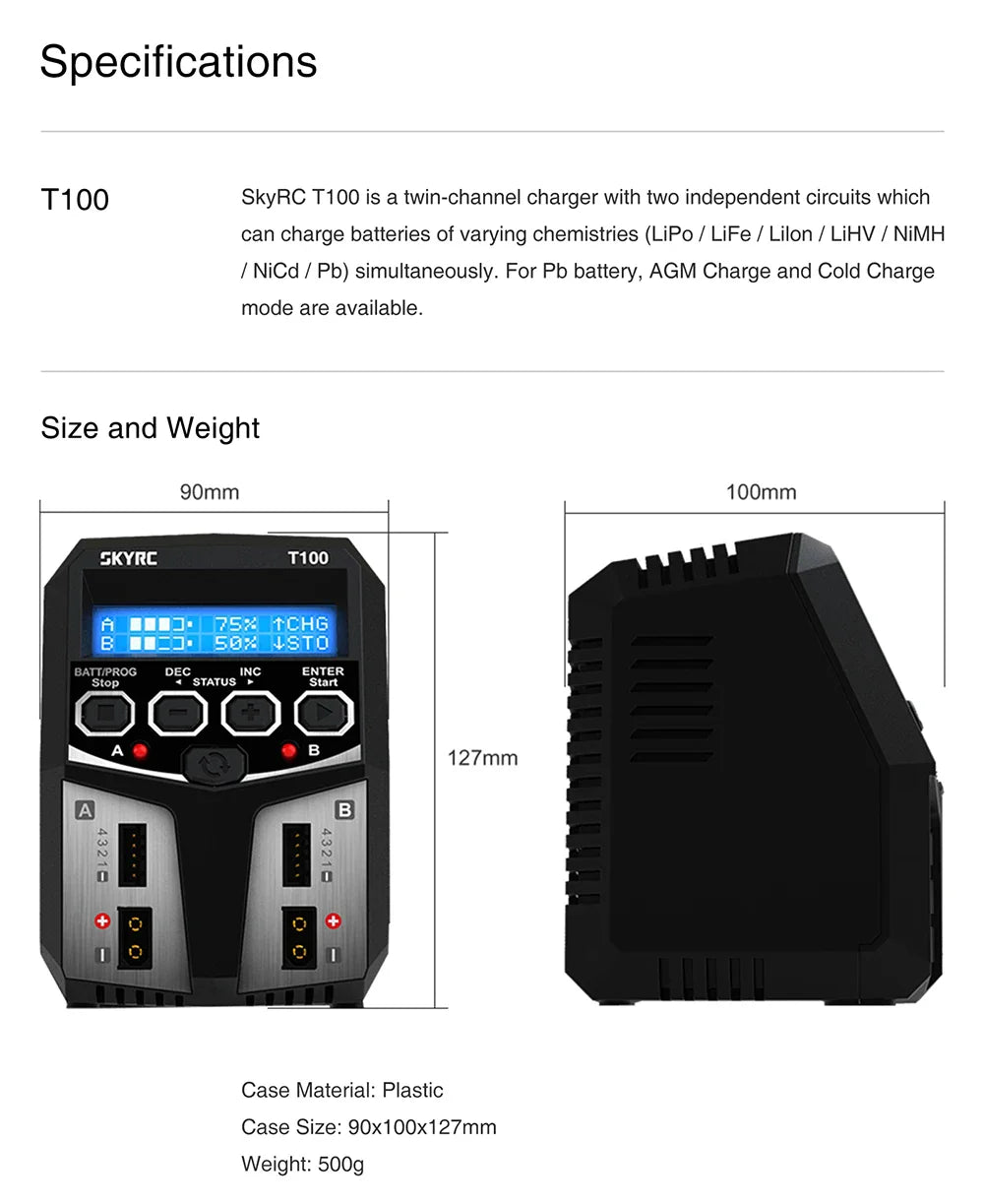 SKYRC T100 AC Dual 5A Lipo Battery Charger — 2x50W Balance Charger for 2-4S NiMH, NiCd, LiPo, LiFe, LiIon, LiHV RC Cars