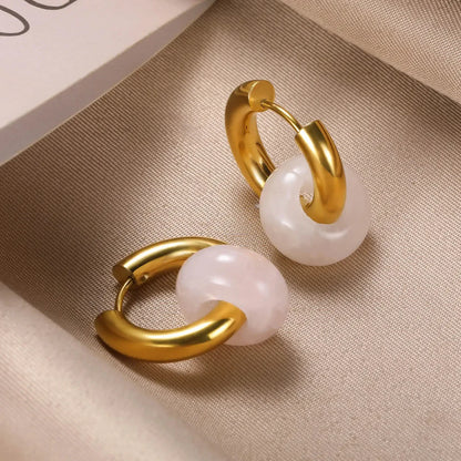 Leopard Bead Opal Stainless Steel Hoop Earrings — Gold Color, Anti-Fading Wedding & Prom Jewelry for Women, Gift Accessory