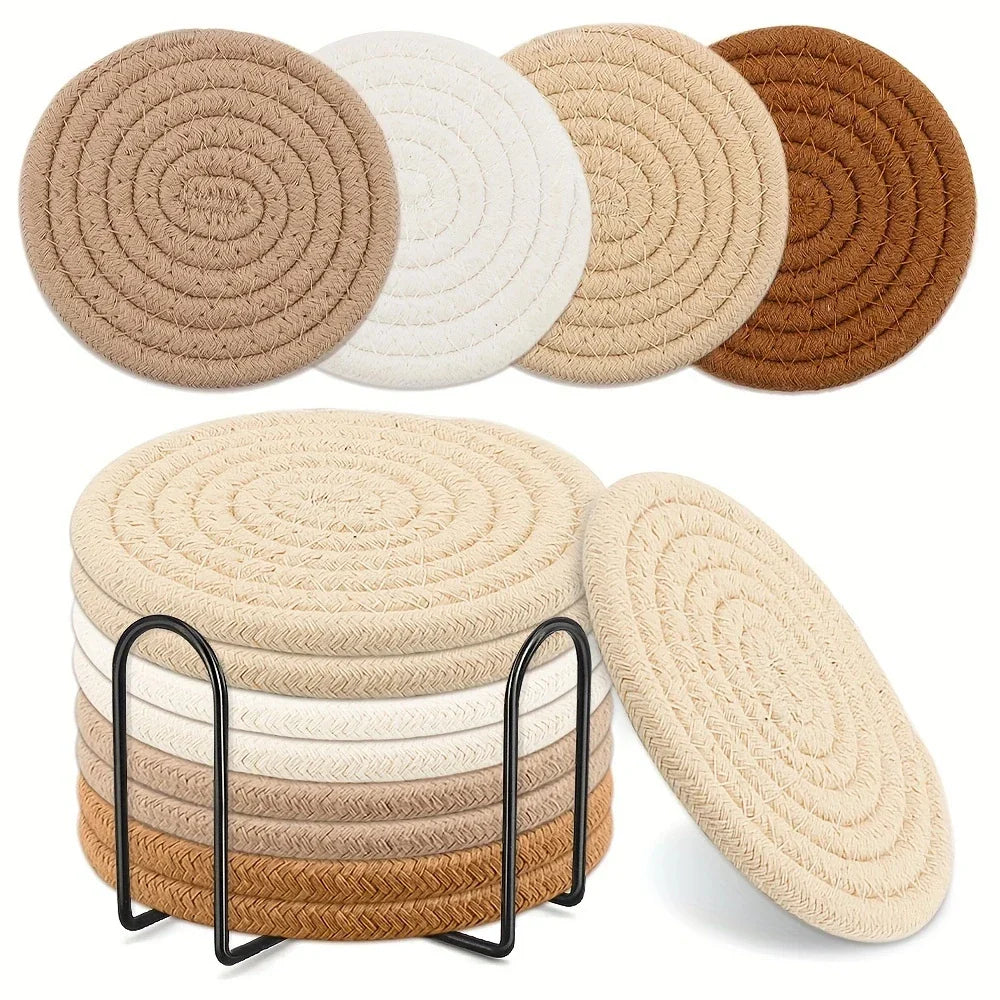 8-Piece High-Temperature Resistant Woven Coaster Set with Holder - Absorbent Cup Coasters for Coffee, Tea, and Drinks