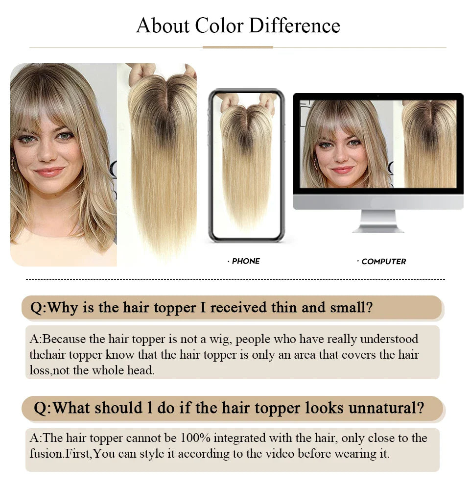 Ombre Brown Blonde Remy Human Hair Topper – 14 Inch Silk Base Clip-In Wig with Bangs for Women