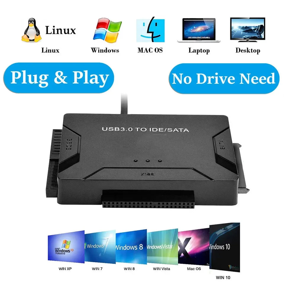 USB 3.0 to SATA IDE Adapter Cable – 3-in-1 Converter for 3.5/2.5 inch HDD/SSD, CD/DVD ROM, CD-RW