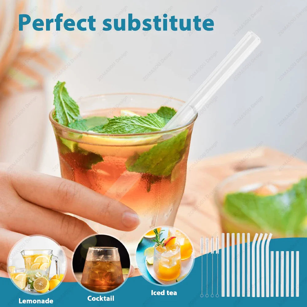 Eco-Friendly Reusable Glass & Metal Straws – 1/20PCS with Cleaning Brush for Smoothies, Milkshakes & Cocktails