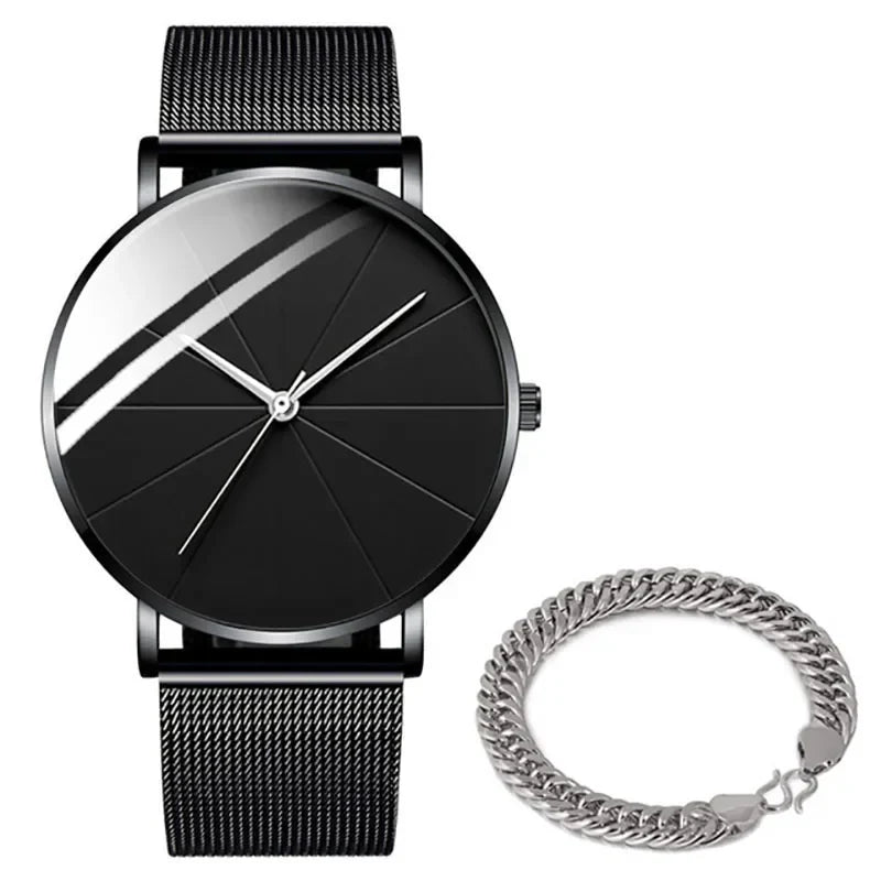 Men’s Minimalist Ultra-Thin Quartz Watch – Stainless Steel Mesh Band Business Fashion Wristwatch