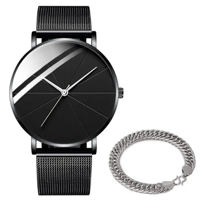 Men’s Minimalist Ultra-Thin Quartz Watch – Stainless Steel Mesh Band Business Fashion Wristwatch