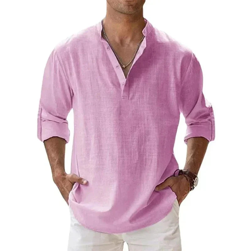 Men’s Lightweight Long Sleeve Henley Shirt — Cotton Linen Streetwear, Beach & Hawaiian Style