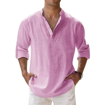 Men’s Lightweight Long Sleeve Henley Shirt — Cotton Linen Streetwear, Beach & Hawaiian Style