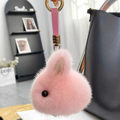 Fluffy Pompon Rabbit Keychain Rings – Cute Bunny Charm Bag & Car Key Pendant, White & Grey