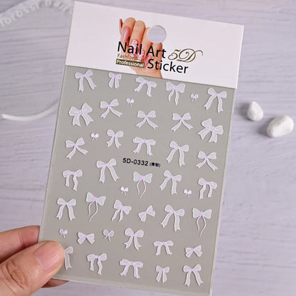 5D Pink & White Bowknot Nail Stickers – Self-Adhesive Kawaii Ribbon Nail Art Decals for DIY Manicure & Nail Decoration