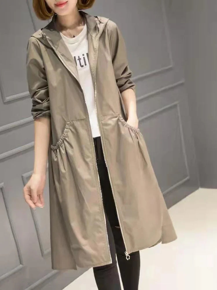 Women’s Mid-Length Hooded Trench Coat - Lightweight Loose Windbreaker for Spring & Summer