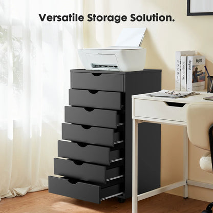 7-Drawer Wooden Chest Dresser – Mobile Nightstand Storage Cabinet with Wheels for Office & Living Room Organizer
