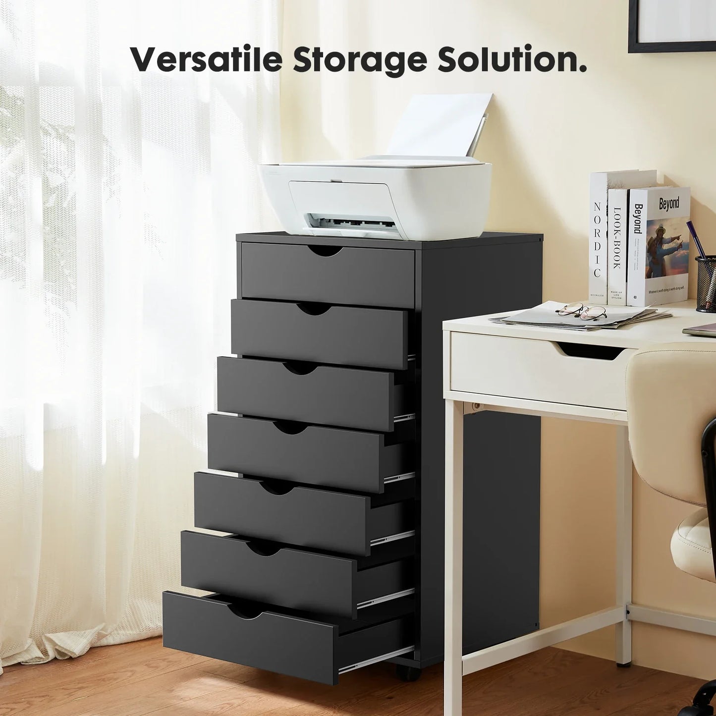 7-Drawer Wooden Chest – Mobile Storage Cabinet with Wheels, Nightstand & Office Organizer for Living Room