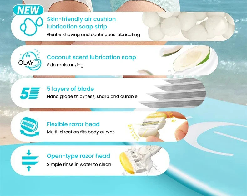 Gillette Venus Olay Manual Razor — 5-Layer Blade with Lubricating Strip & Air Cushion for Women’s Body & Bikini Hair Removal