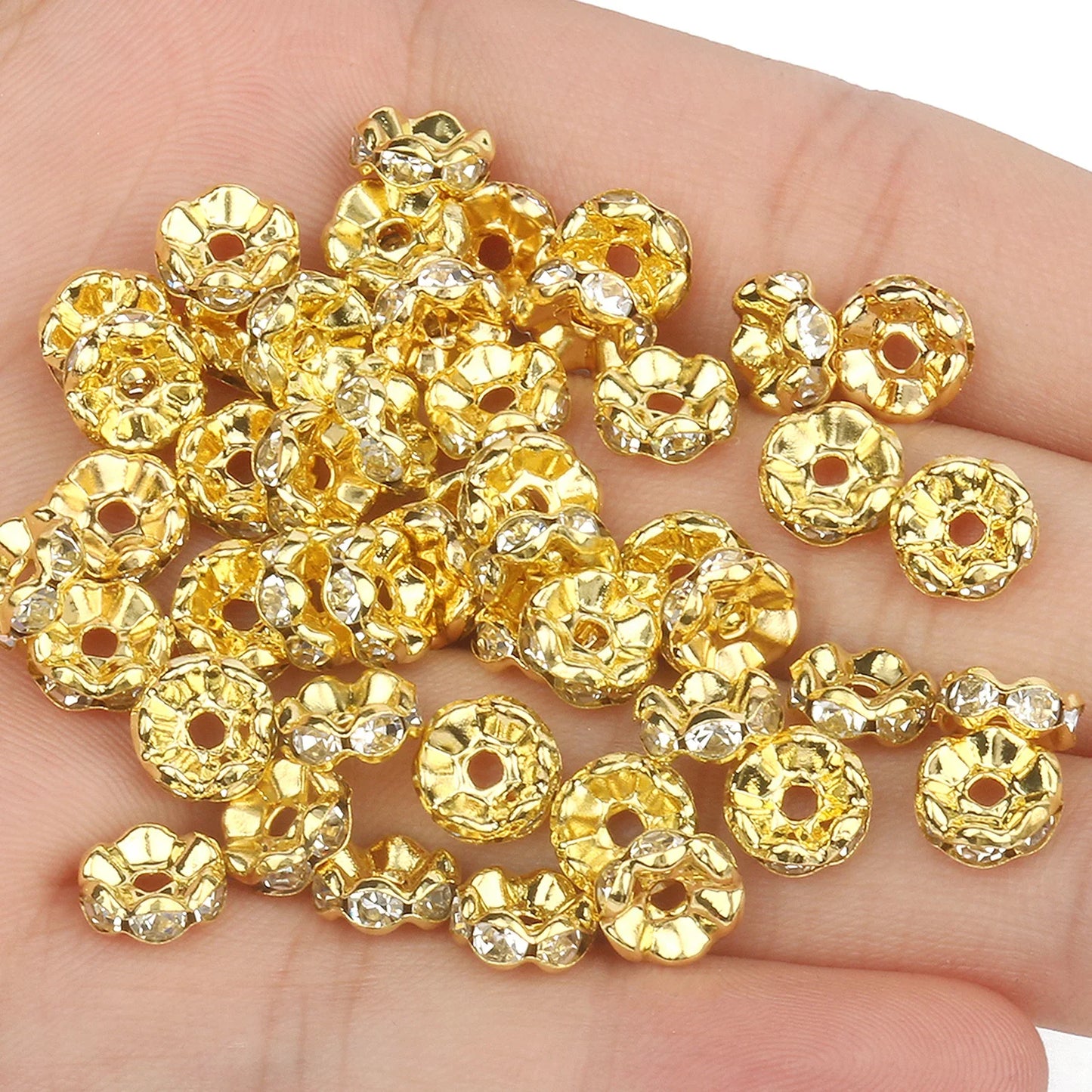 50PCS Rhinestone Spacer Beads Set – Multi-Color Crystal Rondelle Metal Beads for DIY Jewelry & Bracelet Making