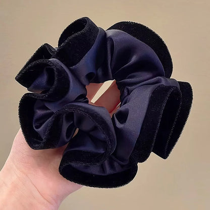 Velvet-Edged Satin Bloom Scrunchie - Elegant Hair Tie for Everyday Style