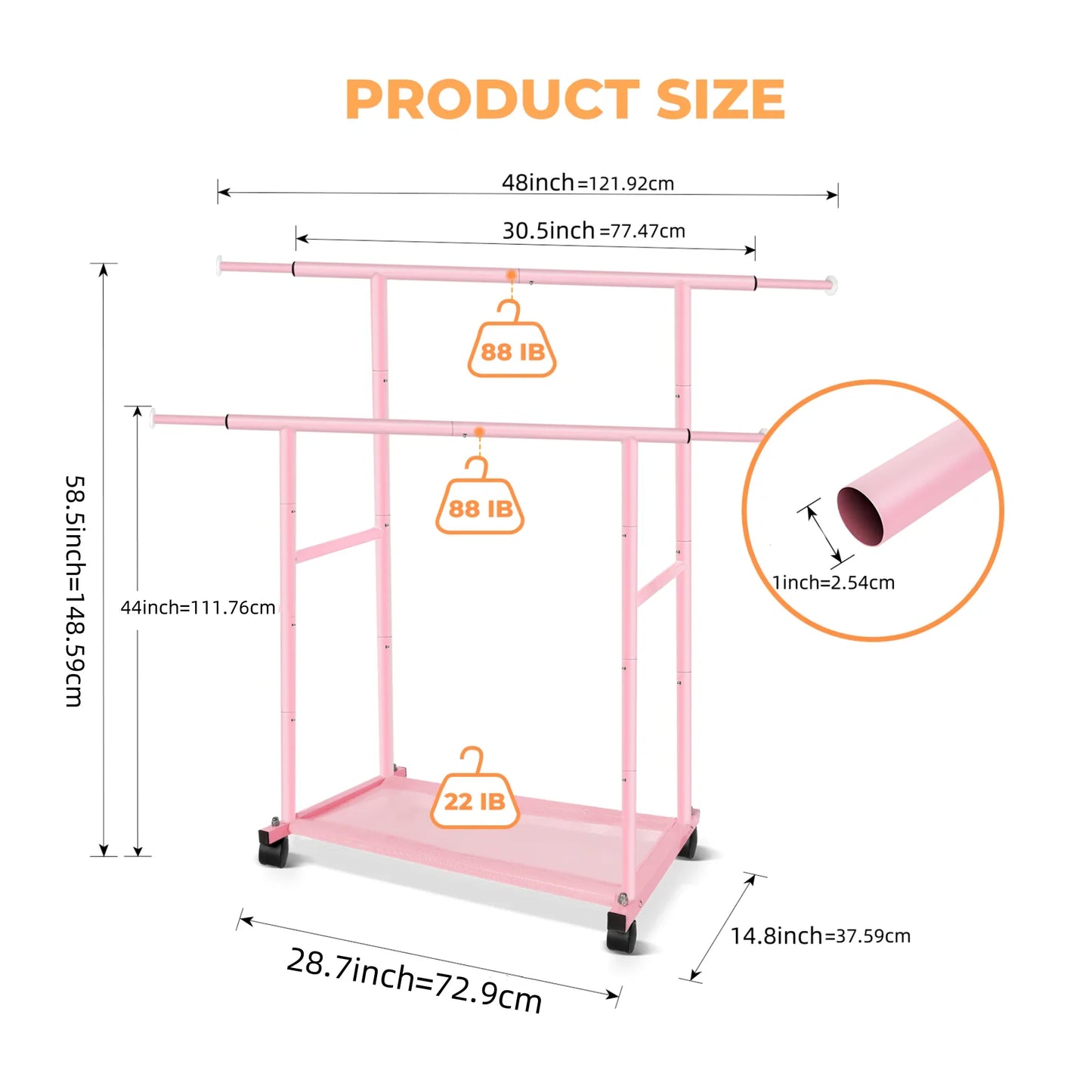 Pink Twin-Pole Rolling Clothes Rack with Net Shelf – Cute Metal Garment Rack, Strong Load-Bearing Storage