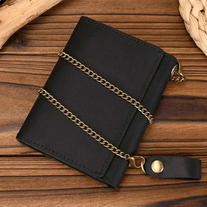 Men's Genuine Leather Short Wallet with Chain – Zipper Clutch, Trifold Purse, Card Holder & Coin Purse for Men